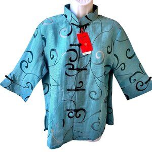 MINIYE Blue Blouse XL Cotton Silk Sheer Burnout Swirl Mandarin Frog Closure